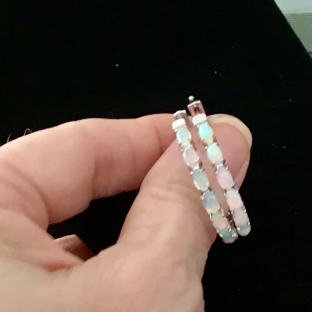 HSN Colleen Lopez Elegant 925 Sterling Silver Opal Large Hoop Earrings - Picture 2 of 3